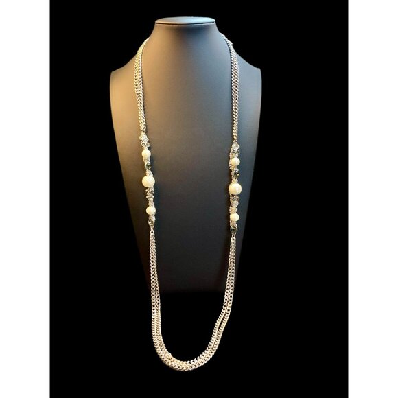 Vivi Silver-Tone Long Necklace Faux Pearls & Crystals -210 - Picture 1 of 2